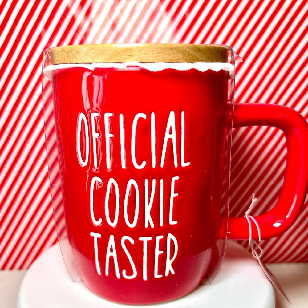 Red Christmas Official Cookie Taster Mug with Wooden Gingerbread Man Lid Holiday